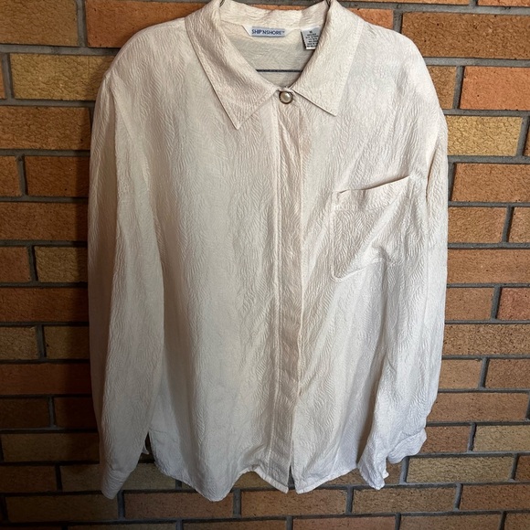 Vintage Ship N Shore 100% Silk Cream Leaf Printed Cream Button Up Long Sleeve 16 - Picture 1 of 7
